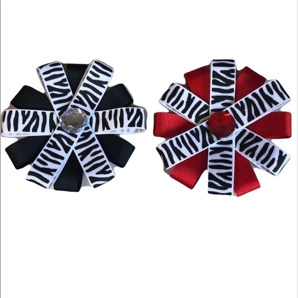 2/$15 Zebra Print Pinwheel Hair Bow Clips Set Red Black Girls Accessories